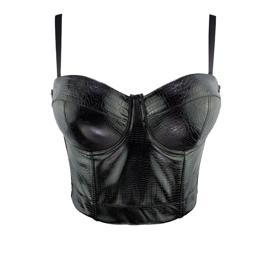 Sexy Nightclub Artificial Leather Women Crop Tops Camis Cropped in Bra Party Spaghetti Strap Corset With Cups Push Up Bustier