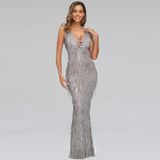 Light Champagne Sexy V-neck Tassel Sequins Dress Women Sleeveless Long Evening Party Dress