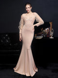 Elegant White Satin Appliques Beading Wedding Dress Women See through Tulle Long Sleeve Party Dress