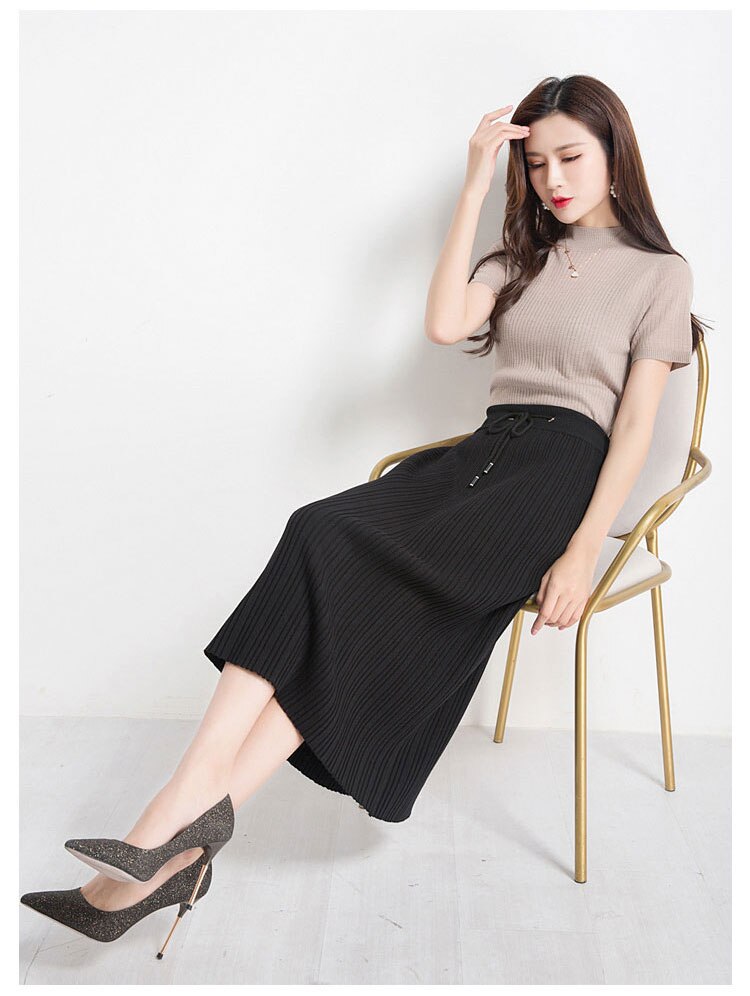 Women Elastic High Waist Elegant A-Line Thick Knit Solid Skirts Outwear