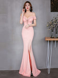 New Off-the-shoulder Elegant Slit Side Open Prom Formal Party Dress Spaghetti Straps Vestido