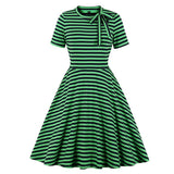 Vintage White and Black Striped Tie Neck Cut-out A Line Skater 95% Cotton Short Sleeve Autumn Casual Dress