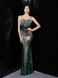 Slash Neck Sleeveless Shinning Sequin Sexy Mermaid Cocktail Dress Women Formal Full Length Stretch Slim Party Prom Gowns