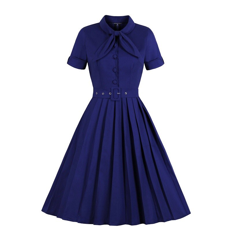 Elegant Vintage Solid Pleated Dress 50S 60S Bow Neck Cotton Vestidos A-Line Pinup Business Women Party Flare Swing Dresses