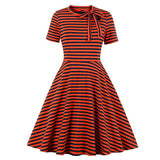 Vintage White and Black Striped Tie Neck Cut-out A Line Skater 95% Cotton Short Sleeve Autumn Casual Dress