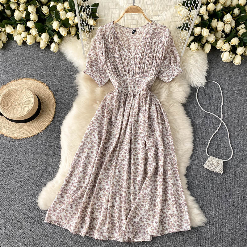 Elegant Vintage Floral Print Chiffon Midi Dress V Neck Short Sleeve Button Casual Summer Dress