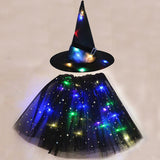 Party Kids Girl LED Glow Light Up Witch Hat Spider Web Cobweb Skirt Halloween Christmas Costume Cosplay Magic Wand Fancy Dress