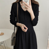 Button Elegant Midi Dress Autumn Winter V Neck Long Sleeve Casual Knitted Sweater Dress