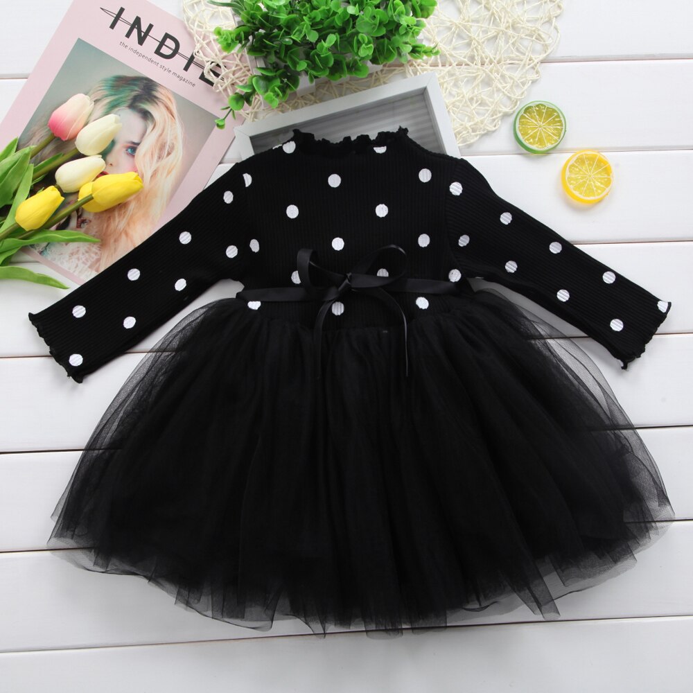 Autumn Baby Girls Long Sleeve Dress For Kids Polka Dot Bow Knit Princess Dress Children's Casual Clothing Birthday Party Frocks