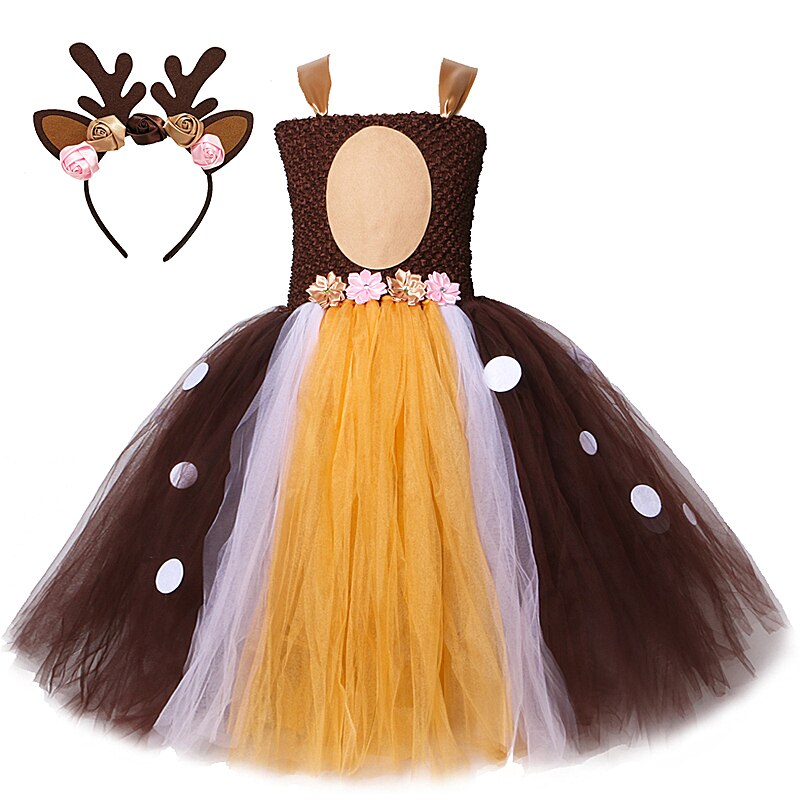 Kids Deer Dresses for Girls Reindeer Tutu Dress Long Christmas Halloween Costume for Kids Girl Elk Clothes for Birthday Party