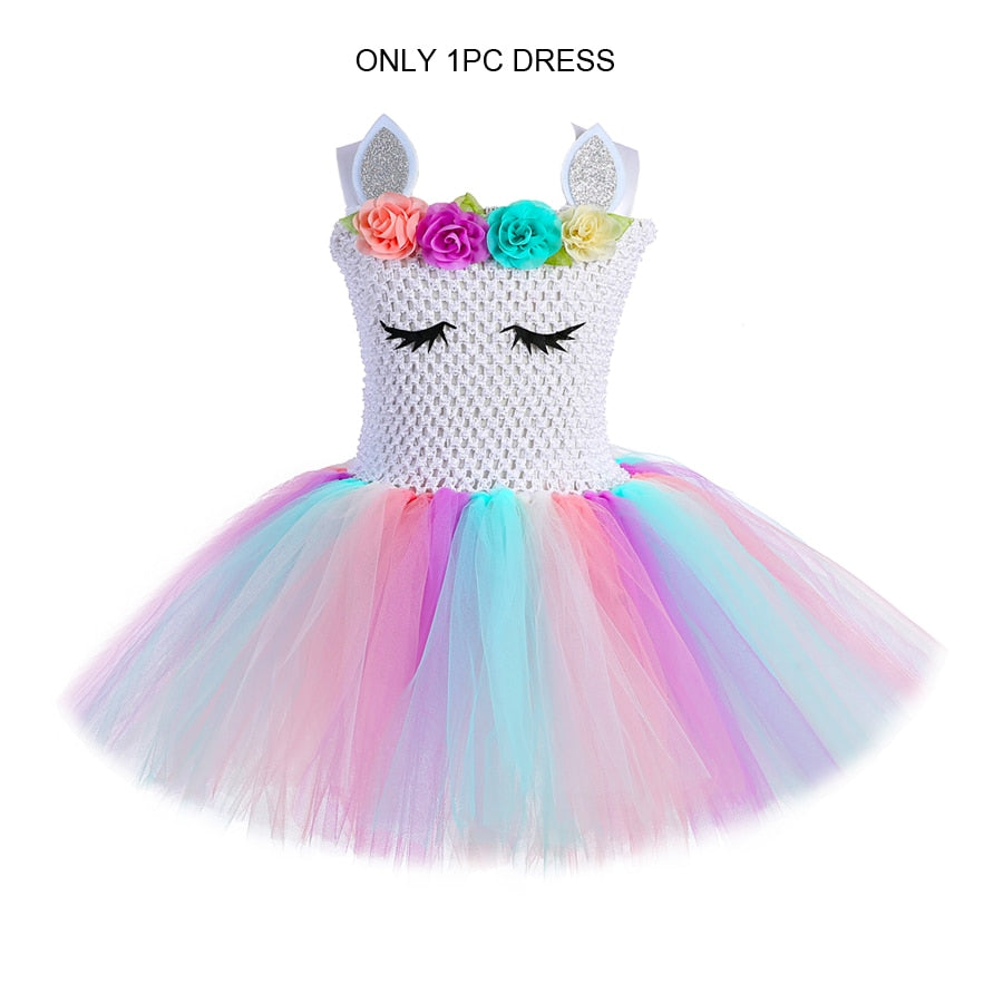 Pastel Unicorn Dress for Girls Flower Princess TuTu Dresses Kids Halloween Costume Child Cosplay Fancy Dress with Wings 1-14Y