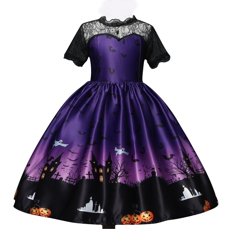 Halloween Princess Costume For Girls Carnival Cosplay Party Fancy Dress Up Children Kids Christmas Lace Pumpkin Print Clothing