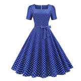 Square Neck Vintage Polka Dot A Line Swing Thin Fabric Summer Short Sleeve Casual Belted Dress
