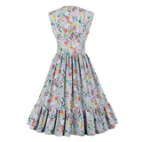 V Neck Single Breasted Multicolor Print High Waist Summer Women Ruffle Hem Sleeveless Vintage Pleated Dress