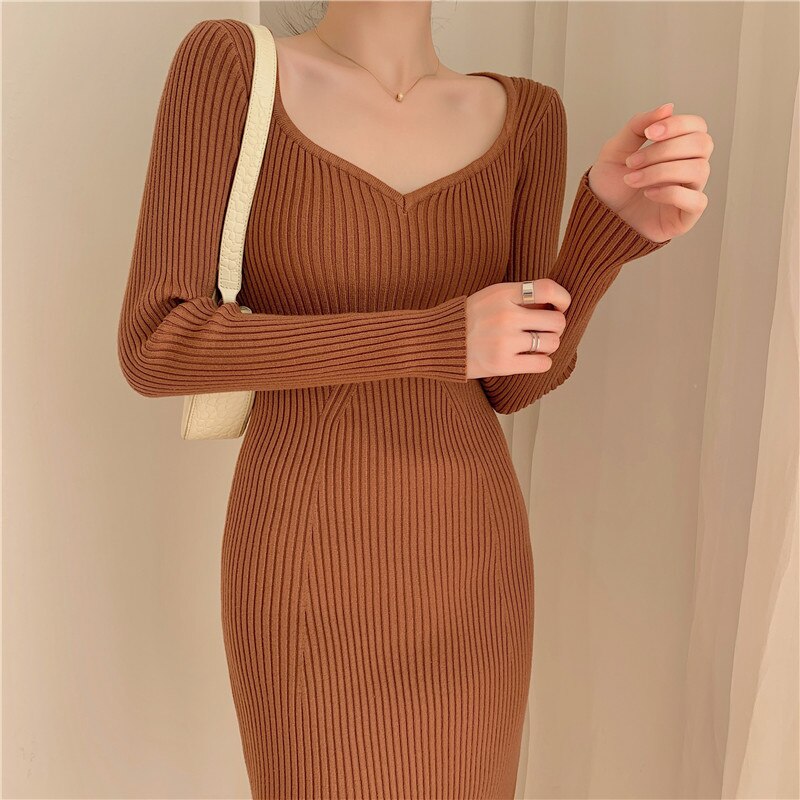 Sweetheart Neck Long Sleeve Elegant Ribbed Knitted Dress Sexy Bodycon Dress