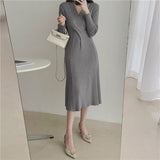 Cross V Neck Long Sleeve Knitted Dress Autumn Winter Solid Chic Elegant Sexy Midi Dress