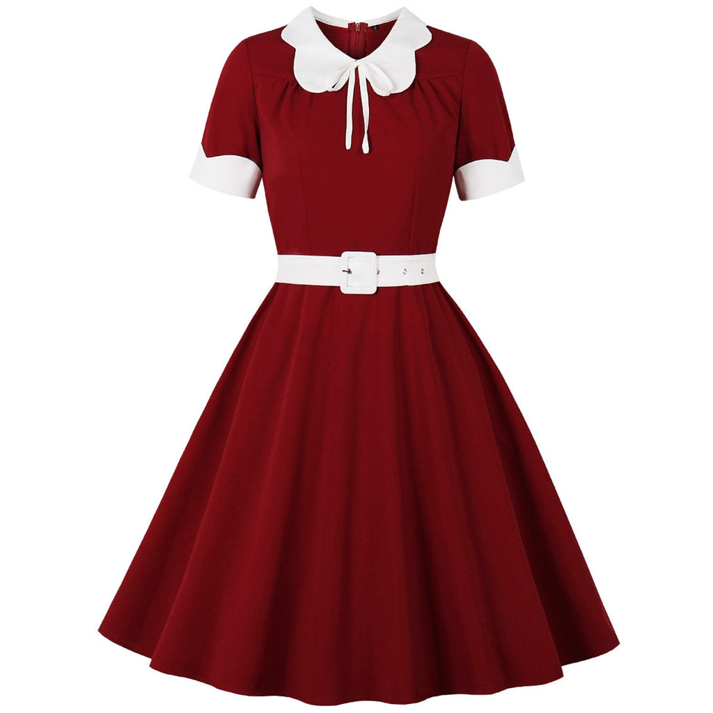 Retro Rockabilly Dark Red Solid Tunic Dress With Belt Peter Pan Collar 60s Sundress A Line Summer Swing Cotton Elegant Dresses