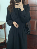 Gathered Elegant Vintage Dress Round Neck Long Sleeve A Line Casual Dress With Belt