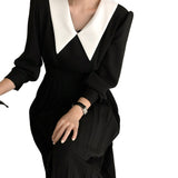 Elegant Pleated Women Spring A-Line Long Sleeve Midi Office Patchwork Dress Autumn