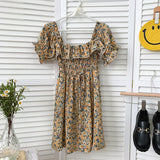 Vintage Floral Print Summer Vacation Beach Dress Ruffle Square Neck Short Puff Sleeve Casual Mini Dress