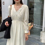 Gathered Chic Elegant Vintage Dress V Neck Long Sleeve Belted Midi Dress