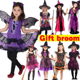 Halloween Witch Costume Attached Broom For Girls Party Role Play Cosplay Performance Dance Show Vampire Hat Dress up