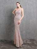 Spaghetti Strap Sleeveless Party Dress Shinning Color Sequins Prom Dress Mermaid Slim Floor Length