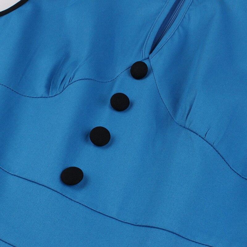 Cut Out Button Front High Waist Rockabilly Vintage Style Blue Sleeveless Robe Cotton Slim Dress