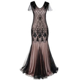 Formal Retro 1920s Sequin Evening Dress V-Neck Short Sleeve Mesh Bead Fishtail Skirt