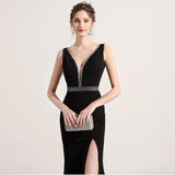 Black Evening Dress For Women V-neck Sleeveless Formal Party Gown High Split Sexy Wrap Hip Long Dress