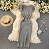 Spring Summer Short Cap Sleeve Knitted Sexy Bodycon Dress Back Slit Square Neck Casual Vintage Elegant Midi Dress