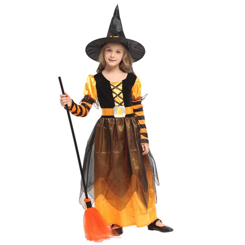 Girl Witch Cosplay Costume kids Halloween Costumes Dress with Dot Ribbon Pointed Hat  Fairytale Party Props