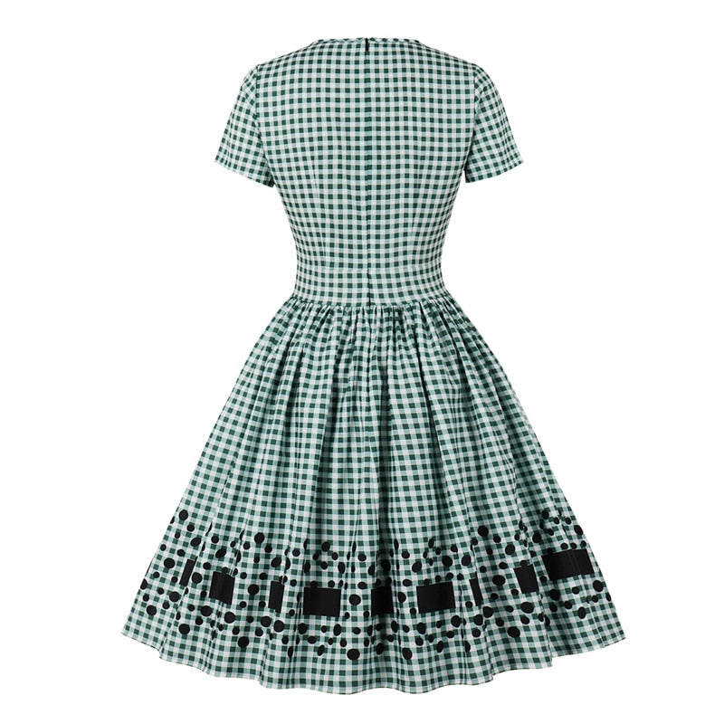 2022 Retro Knee Length Green Plaid 50s Dress for Women Clothes Square Neck High Waist Short Sleeve Summer Flare Pleated Dresses