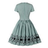 2022 Retro Knee Length Green Plaid 50s Dress for Women Clothes Square Neck High Waist Short Sleeve Summer Flare Pleated Dresses