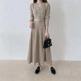 V Neck Long Sleeve Belted Knitted Dress Autumn Winter Button Elegant Pleated Midi Dress