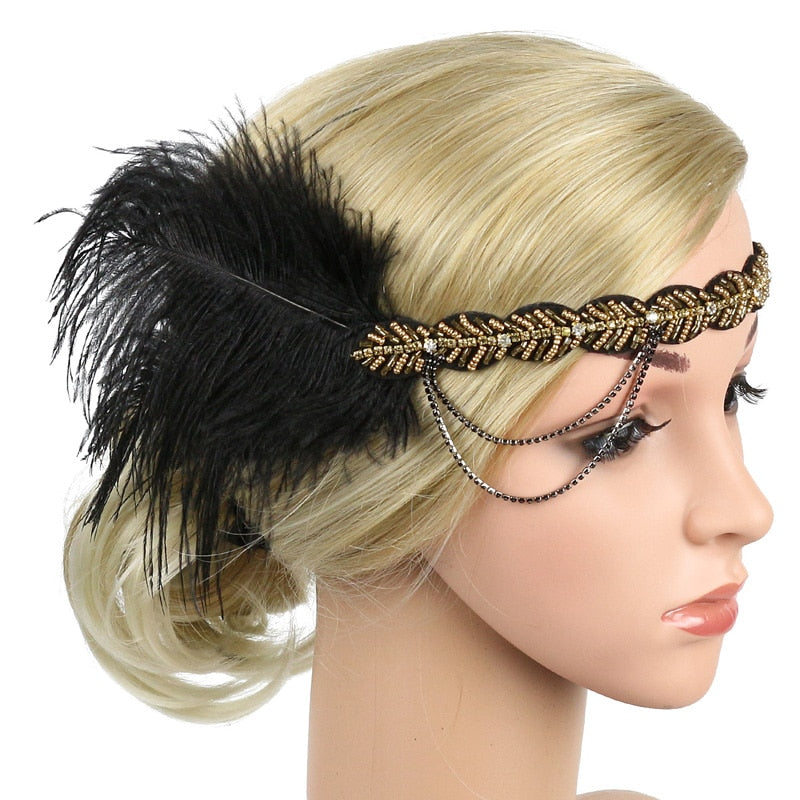 Black Rhinestone Beaded Sequin Hair Band 1920s Vintage Gatsby Party Headpiece Women Flapper Feather Headband