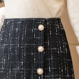 Fashion Button High Waist Wrap A Line Mini Skirt Office Lady Elegant Vintage Checked Tweed Skirt