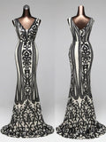 Double-V Sleeveless Evening Dress Sexy Backless Luxury Gold Sequin Formal Party Dress