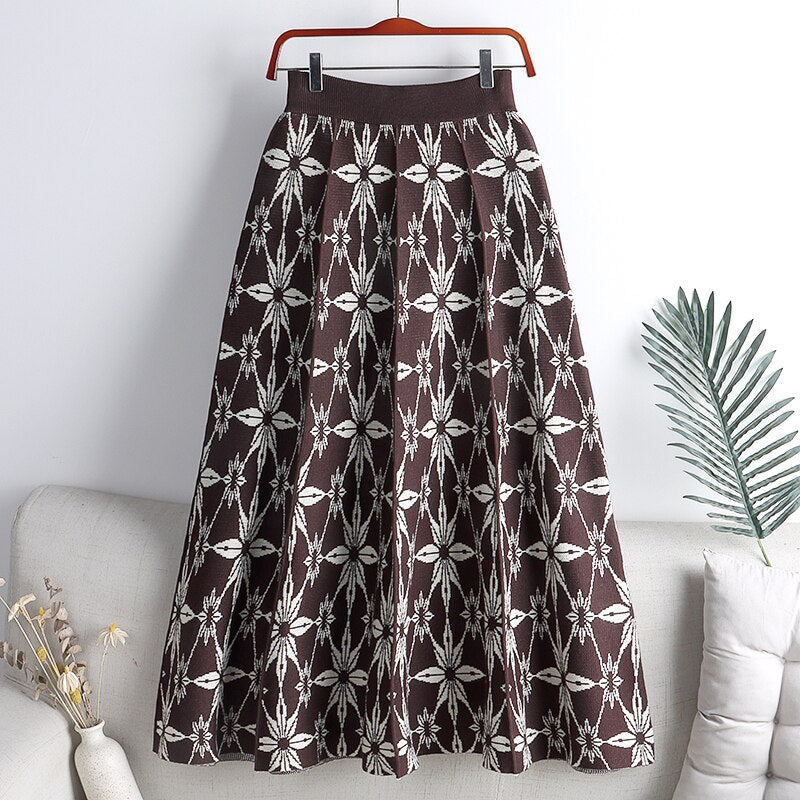 Women Pleated Elastic High Waist Winter Geometric Jacquard Knitted Midi Long Skirt