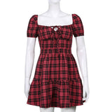 2023 England Style Gothic Plaid A-Line Women Mini Dresses Grunge Punk Bandage Skinny Party Dress Short Sleeve Summer Streetwear