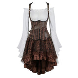 Women Gothic Corset Dress Sexy Striped Underbust Corset Vest Renaissance Blouse Asymmentrical Floral Lace Skirt Set Three-Pieces