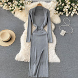 Women Square Neck Long Sleeve Knitted Dress Fall Winter Sexy Front Slit Midi Dress Elegant Ribbed Bodycon Dress