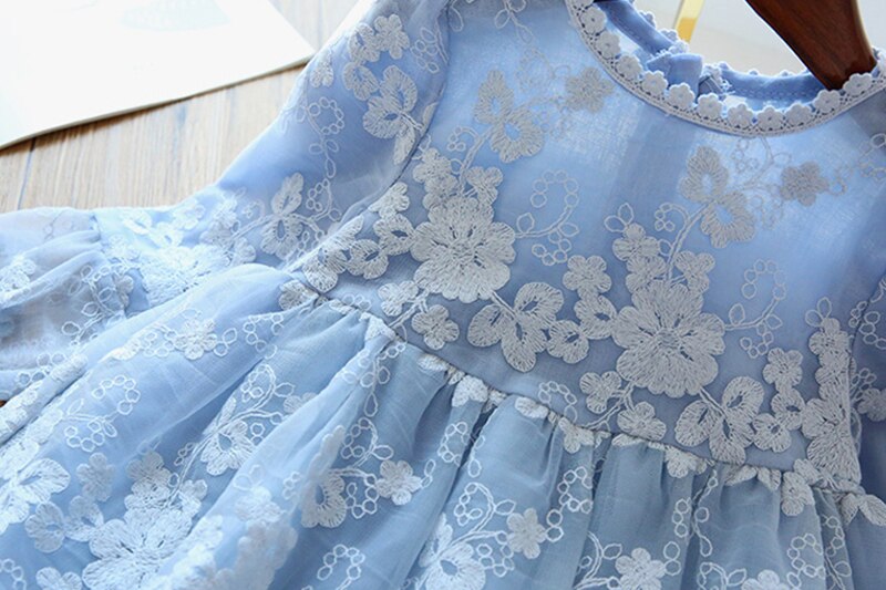 Autumn Girl Long Seleeve Dress Lace Tulle Embroidery Princess Costume Children Birthday Party Vestidos Kids Casual Clothes
