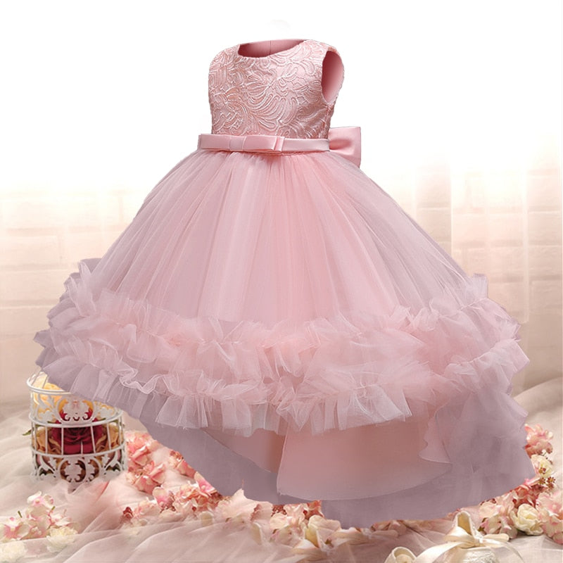 Pink Lace Girls Princess Dress For Kids Wedding Formal Evening Sleeveless Long Tail Gown Children Embroidery Pageant Vestidos