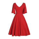 2023 Retro Women Red Vintage 50s Dress Flare Sleeves Solid V-Neck High Waisted Zipper Large Swing Rockabilly A-Line Party Jurken