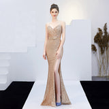 Sleeveless Sequins Evening Dress Sexy Backless Party Dress Spaghetti Straps Stretchy Formal Gowns Long Side Fork Robe
