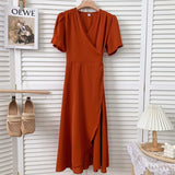 Elegant Wrap Woman V Neck Short Sleeve Solid Color Casual Belted Midi Dress