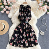 Beach Chiffon Floral Summer Dress Round Neck Sleeveless Casual Mini Dress With Belt