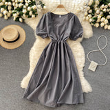 Vintage Square Neck Short Puff Sleeve Waist Back Tie Chic Casual Midi Dress