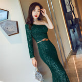 Long-Sleeve Mermaid Evening Dress Sexy Backless Evening Gowns Robe